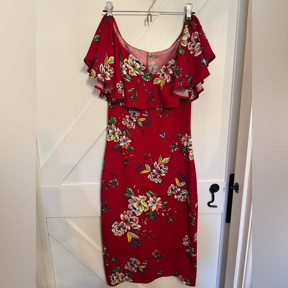 Unique Vintage Red Ruffled Off the Shoulder Retro Midi Dress